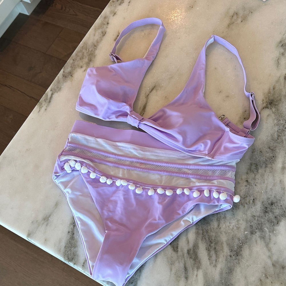 Lavender Bikini Set with Pom Pom Trim